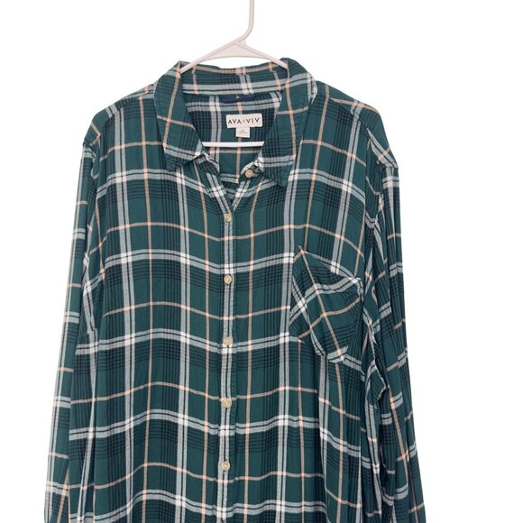Ava & Viv Plus Size 4X Womens Green Plaid Button-Up Shirt 100% Rayon - Picture 10 of 10